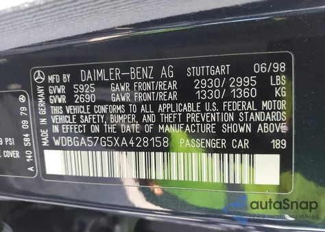 1999 Mercedes-Benz S 600 from USA, damaged, VIN WDBGA57G5XA428158